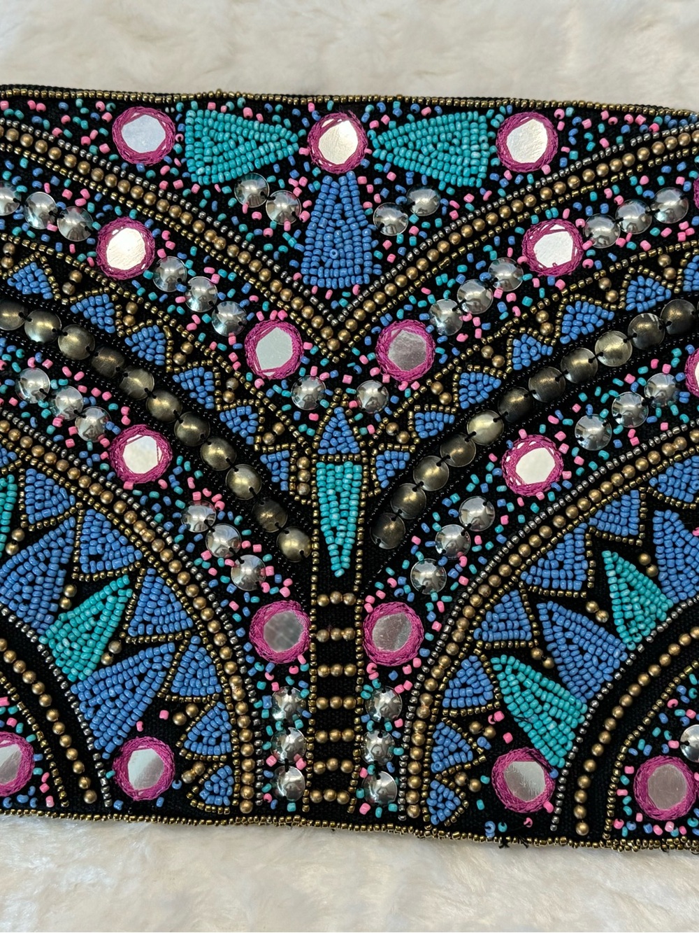 Embellished Beaded Wristlet Clutch in Black, Blue & Teal by Clements Riberio - Picture 5 of 8